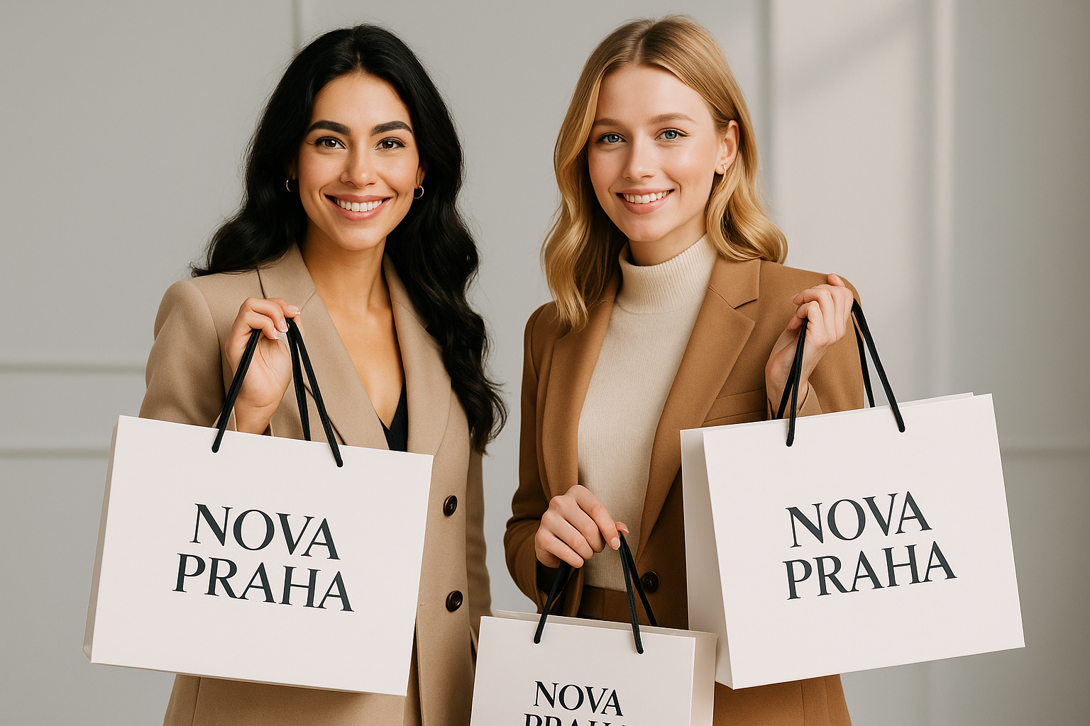 Maak voor mij een banner met twee vrouwen die shop tassen vasthouden van Nova Praha